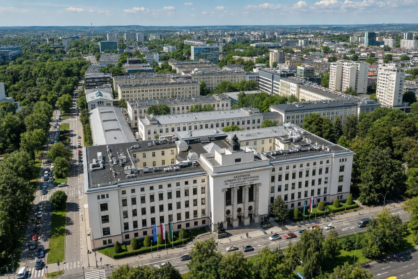 Aerial view of the AGH University of Krakow campus, with the main building and the surrounding faculty quarter
