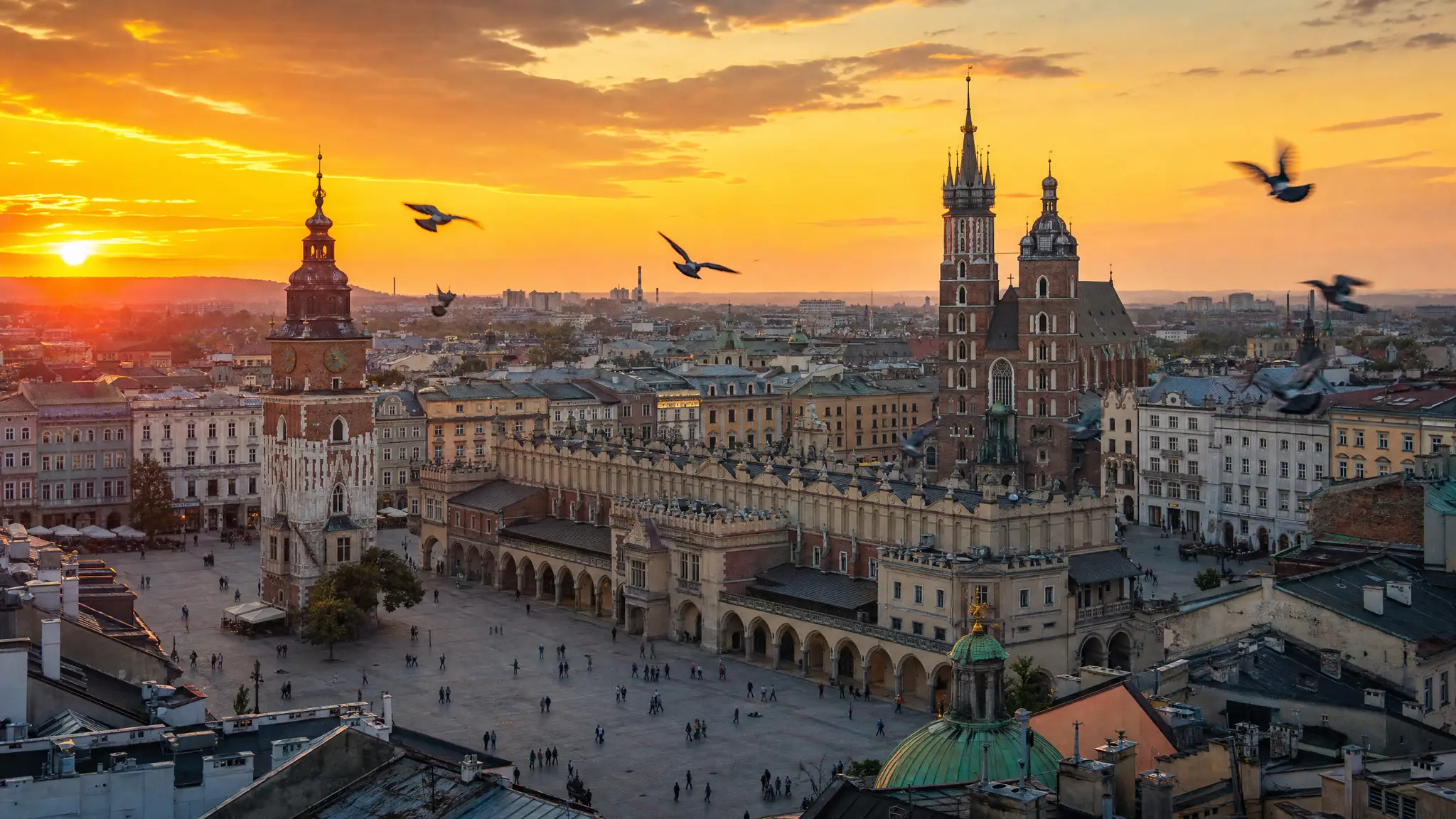 Panorama of Kraków Main Square at golden hour: the Cloth Hall, St. Mary’s Basilica and the Town Hall Tower under an amber sky